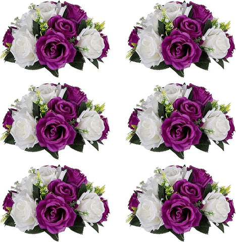 NUPTIO Pcs of 6 Fake Flower Ball Arrangement Bouquet,15 Heads Plastic Roses with Base, Suitable for Our Store's Wedding Centerpiece Flower Rack for Parties Valentine's Day Home Décor (Purple & White)