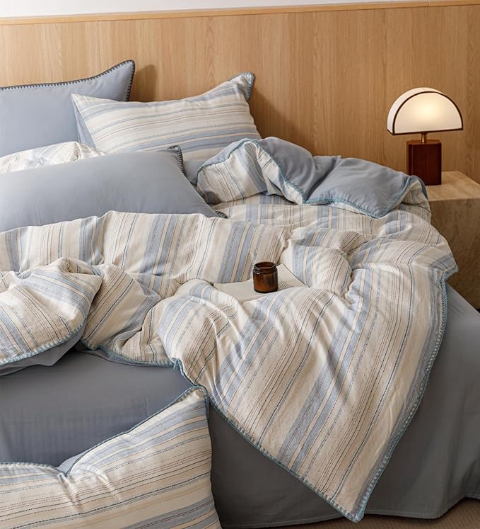 VM VOUGEMARKET Pinstripes Duvet Cover Set Queen 3 Pieces Muslin Cotton Bedding Set with Zipper Closure,Blue White Stripes Duvet Cover Queen Size(No Comforter)
