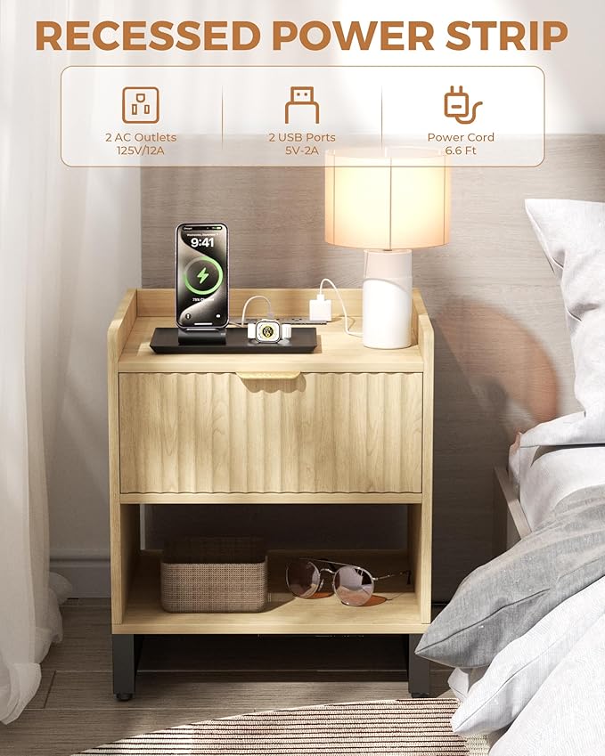 Fluted Night Stand Set 2 with Charging Station, Wood Nightstand with Large Drawer and Open Storage Cabinet, Mid-Century Modern Bedside Table End Table for Bedroom Closet Office
