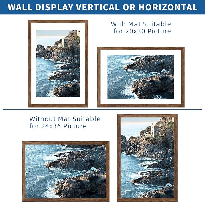 24x36 Poster Frame Set of 2, Rustic Brown Wood Style - Display 20x30 Picture with Mat or 24 x 36 Poster without Mat, Wall Mounting Horizontal and Vertical