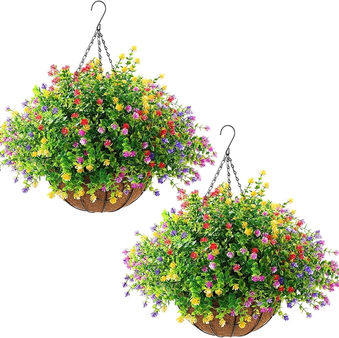 Lyrow 2 Pcs Artificial Hanging Flowers with Fake Basket Outdoor Realistic Hanging Plants with 12 Inch Coconut Lining Basket for Patio Lawn Garden Porch Decor(Colored)