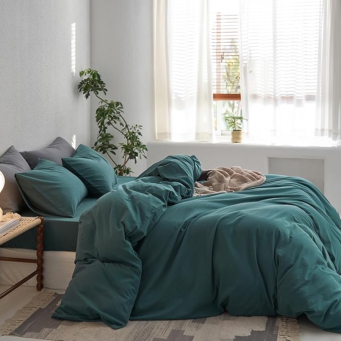 MooMee Full Duvet Cover Set, 100% Washed Cotton Linen Like Twill Thick Sturdy Material Super Soft Breathable Durable Bedding for All Season, 3 Pieces (Green, Full 80"x90")