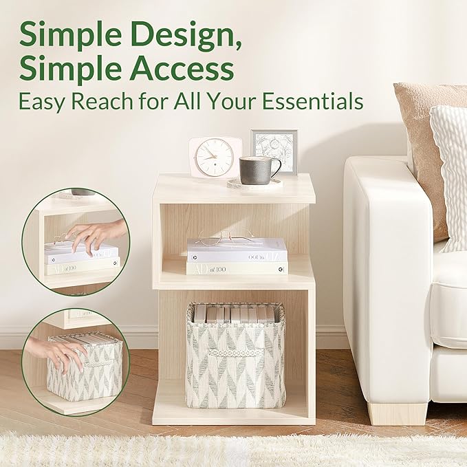 Tokyo S Minimalist 3 Tier End Table - Minimalist 3-Tier Wood Nightstand for Small Spaces with Open Storage - Japanese-Inspired Bedside Table for Bedroom (Natural)