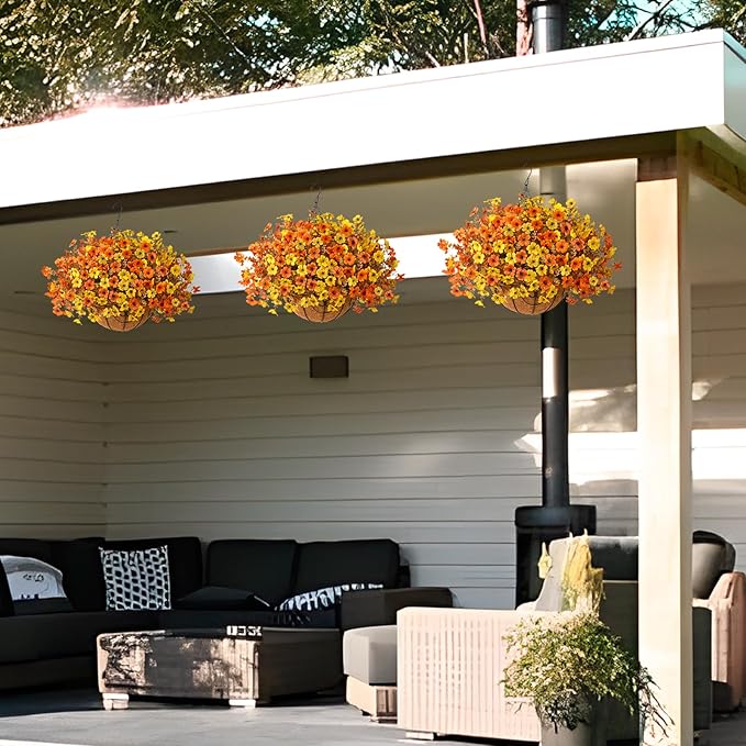Artificial Fake Hanging Baskets Fall Flowers for Outdoors Autumn Decoration, 12 PCS Faux Daisy Silk Plants Outside UV Resistant Look Real Yard Patio Front Porch Balcony Home Decor (Orange Yellow)