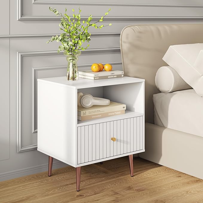 White Night Stand Set 2,Modern Bedside Table with Door and Open Storage,Fluted Nightstand and Wood End Side Table with Rose Gold Metal Legs and Handles for Bedroom,Living Room,White