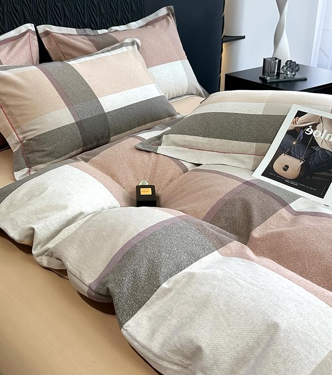VM VOUGEMARKET Brushed Cotton Duvet Cover Set King,Brown Plaid Geometric Duvet Cover Matching 2 Pillow Shams,Soft Warm Cozy Bedding Set for Men Women