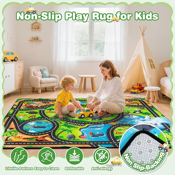 Kids Rug, 3x5 Ft Animal Car Rugs for Kids Toy Cars, Extra Thick (0.4in) - Non-Slip Zoo Road Mat Carpet for Playroom & Bedroom, Educational Learning & Game Area