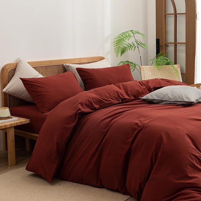 BESTOUCH Duvet Cover Set 100% Washed Cotton Linen Feel Super Soft Comfortable Chic Lightweight 3 PCs Home Bedding Set Solid Fired Brick Red Full/Double