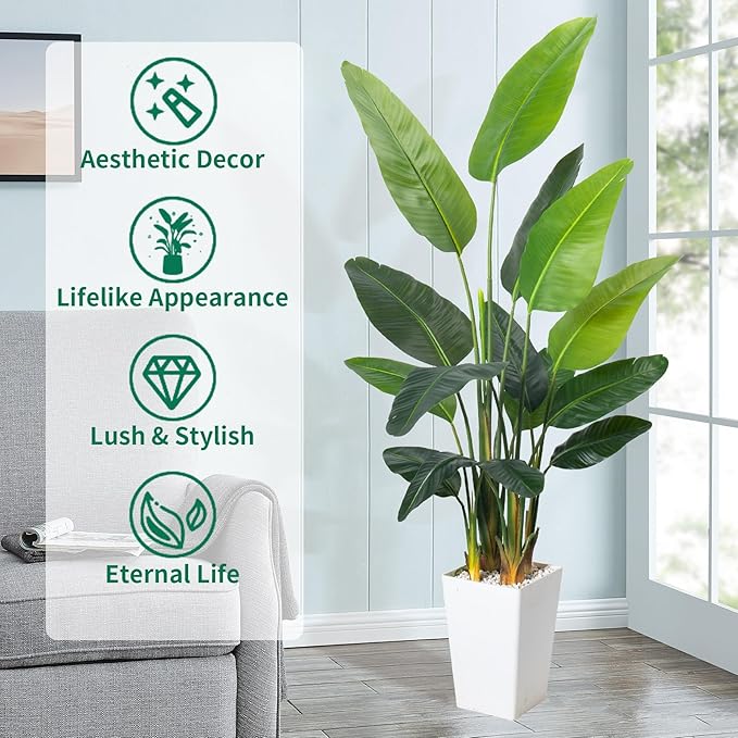 Bird of Paradise Plant Artificial 7ft,Faux Plants Indoor with White Planter,Fake Tree with Lifelike Leaves,The Perfect Indoor Silk Floor Plant for Home、Hallway and Office Decor