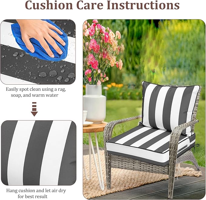 Waterproof Outdoor Chair Cushion Set of 3, 24x24x5 IN Deep Seat Patio Cushions with Fade Resistant Removable Cover,Outdoor Cushions for Patio Furniture with Ties&Handle for Chair Sofa Couch,GrayStripe