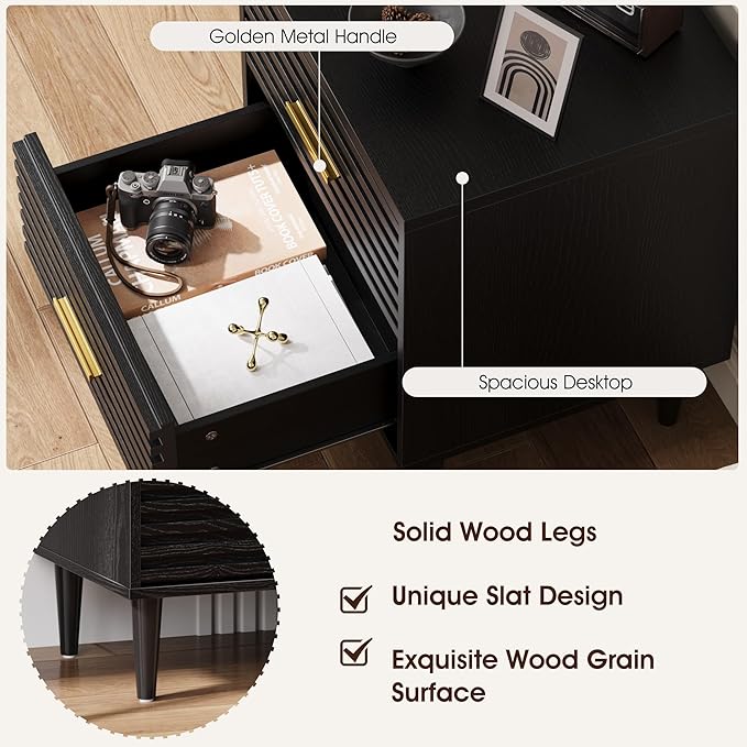 Alohappy Nightstands, Mid Century Modern Night Stands, Fluted Bedside Table for Bedroom, End Table with Storage Drawers, Vintage Bed Side Table Wood Accent Table for Living Room, Black 1pc