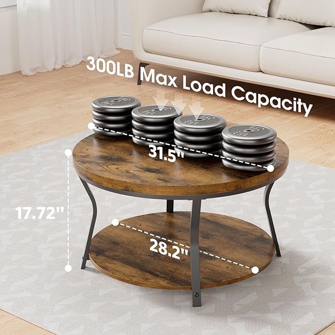 Round Coffee Tables for Living Room, Circle Wood Coffee Table, 2 Tier Industrial Modern Center Table with Thickened Tabletop and Metal Frame, 31.5 inch (Rustic Brown)