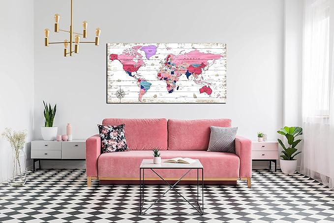 ZHAOSHOP Large World Map Canvas Wall-Art - Wall Decor for Girls Bedroom - Pink Pictures Wall Decor Ready to Hang Size 59" x 29"
