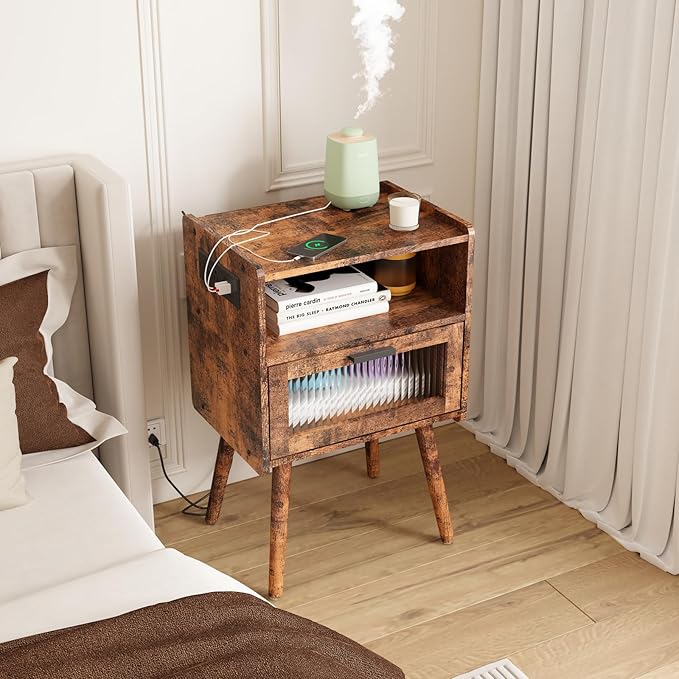 SOOWERY Mid Century Modern Nightstand with Charging Station, Bedside Tables with Acrylic Drawer, End Table Side Table with 2 Tiers Storage Space, for Bedroom, Living Room, Brown