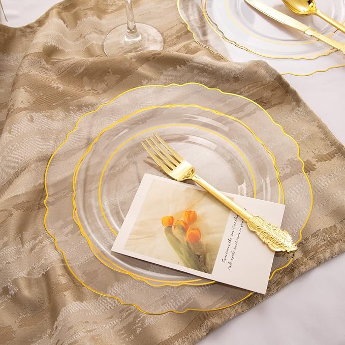 WDF 100pcs Clear Disposable Plastic Plates With Gold Trim - Baroque Clear Gold for Parties or Wedding or Father's Day - including 50PCS Dinner Plates 10.25inch and 50PCS Salad Plates 7.5inch
