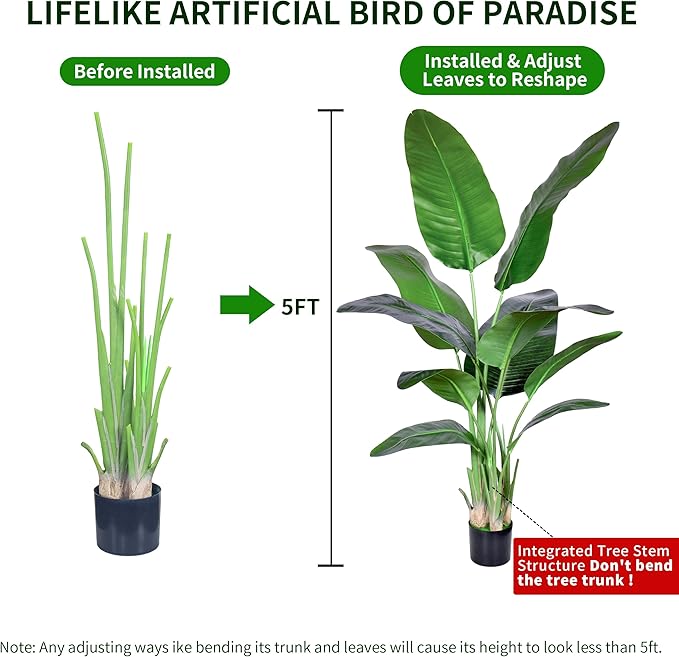 2Packs 5FT Artificial Bird of Paradise Plant,Faux Palm Tree Potted Plant with Real Touch Leaves,Fake Trees for Home Living Room Office Indoor Outdoor Decor(5 FT-2Packs)