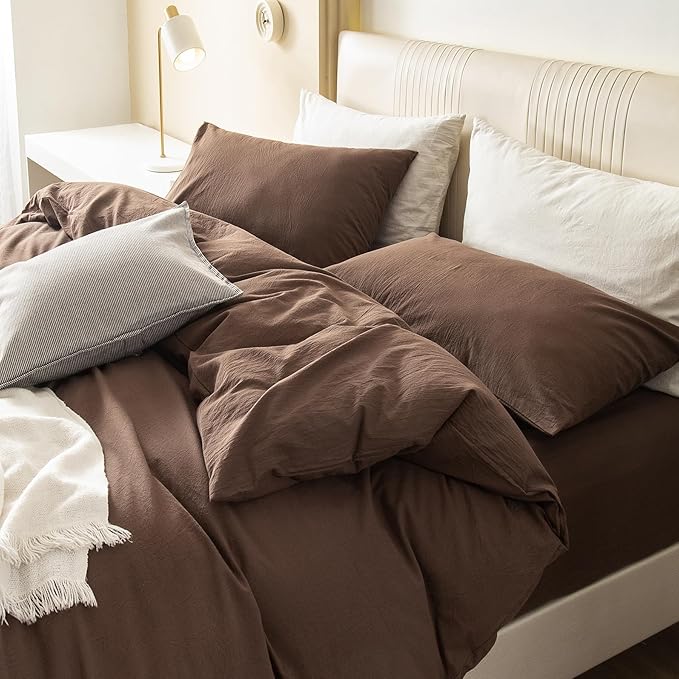 JIYUAN 100% Washed Cotton Duvet Cover Set 3 Pieces Cal King, 1 Duvet Cover 104x98 Inches(Comforter Not Included) and 2 Pillowcases,Linen Feel Bedding Set Comfy and Breathable,Chocolate Brown