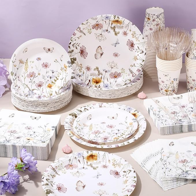 400 Pcs Wild Floral Disposable Paper Plates Napkins Cups Serve 50 Watercolor Floral Tableware Set for Spring Wedding Tea Party Decoration Bridal Shower Baby Shower(Elegant Color,Chic Style)