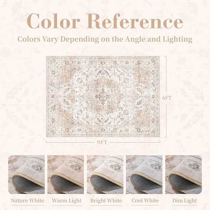 PADOOR-Vintage Area Rug 6X9 Rugs for Living Room-Soft Beige Rugs for Bedroom-Machine Washable Rugs Non Slip Carpet-Rug for Dining Room Living Room Bedside Office