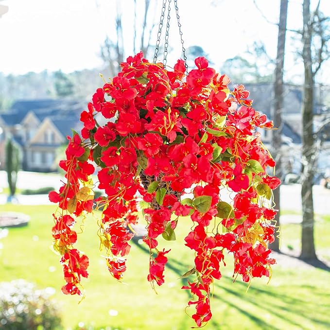 Ivydale Artificial Faux Hanging Flowers Plant Baskets for Outdoors Decoration, Fake Hibiscus UV Resistance Realistic Silk Flower for Outside Home Patio Porch Balcony Garden Wedding, Red
