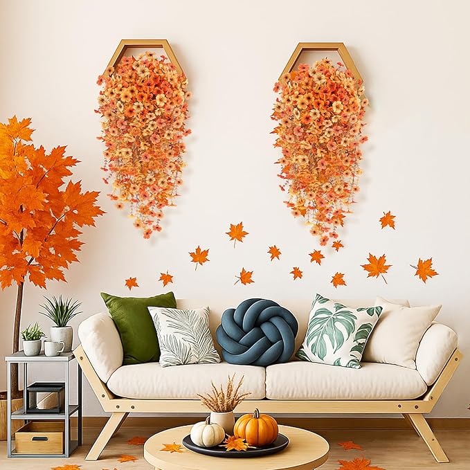 2PCS Fall Artificial Hanging Flowers Plants for Outdoors, 2Pcs Faux Silk Flowers with Eucalyptus Leaves, Fake Fall Flowers for Autumn Home Patio Porch Outside Decor (Orange Yellow)
