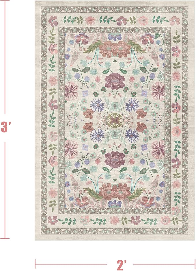 Deerly Floral Rugs for Entryway 2x3 Washable Small Vintage Boho Bathroom Door Mat Non-Slip Soft Low Pile Thin Indoor Carpet for Kitchen Entrance Farmhouse Throw Rug, Beige/Light Pink/Multi