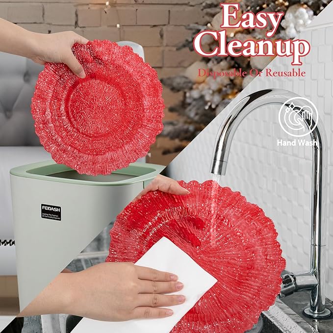 U-QE 60PCS Clear and Red Plastic Plates - Reef Plastic Plates Disposable&Reusable - Clear Red Plates Including 30 Plastic Dinner Plates 10" & 30 Plastic Dessert Plates 7" Perfect for Party & Wedding