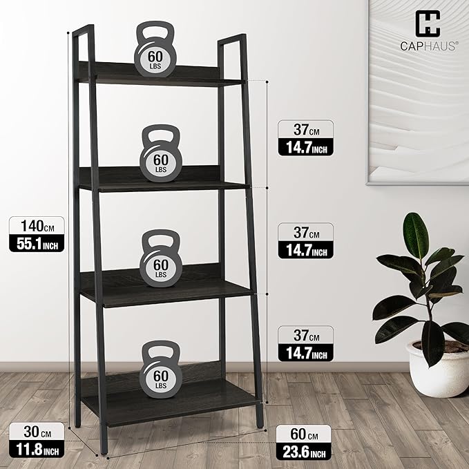 CAPHAUS 4 Tier Ladder Bookshelf, 24 Inch Width Free Standing Shelf, Bookcase Shelf Storage Rack Organizer, Industrial Book Shelves for Home Office, Living Room, Kitchen, Black Wooden Shelves