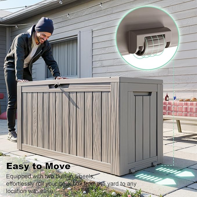ROJIK Outdoor Storage Housing Deck Box - Waterproof Patio Furniture, Garden Tools, Cushions, Pool Accessories Storage Bench with Lockable Lid and Side Handles (Grey 75 Gal)