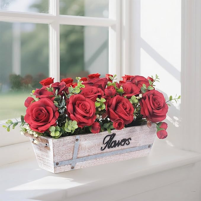 Centerpiece Table Decorations Rustic Wood Tray with 3 Artificial Red Rose Flowers and Fake Eucalyptus for Dining Room Farmhouse Living Room Kitchen and Coffee Table Décor