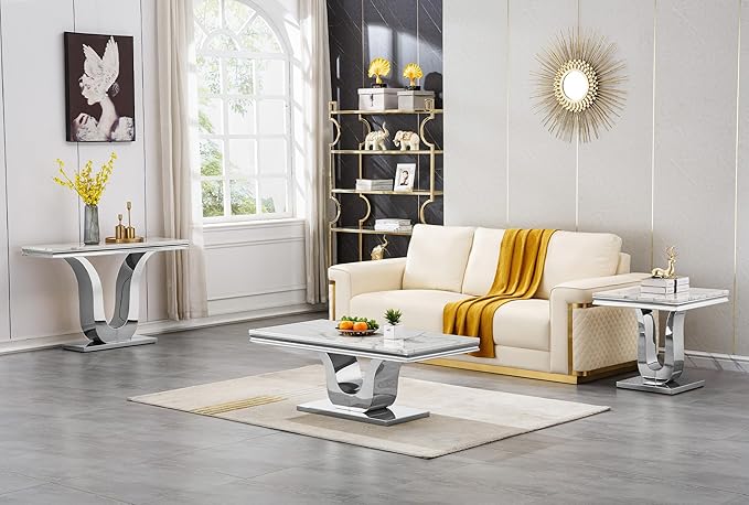 SSLine Modern White Faux Marble End Table Luxury Square Sofa Side Table with Silver Pedestal Base Mid-Century Elegant Bedside Table w/Mirrored Stainless Steel Frame for Living Room Bedroom