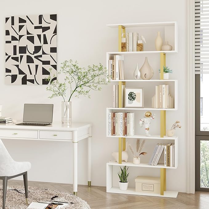 Yusong Geometric Bookcase, S Shaped Bookshelf 6-Tier Book Shelves for Bedroom, Modern Wood Decorative Display Shelf Tall Book Case for Home Office, Gold and White