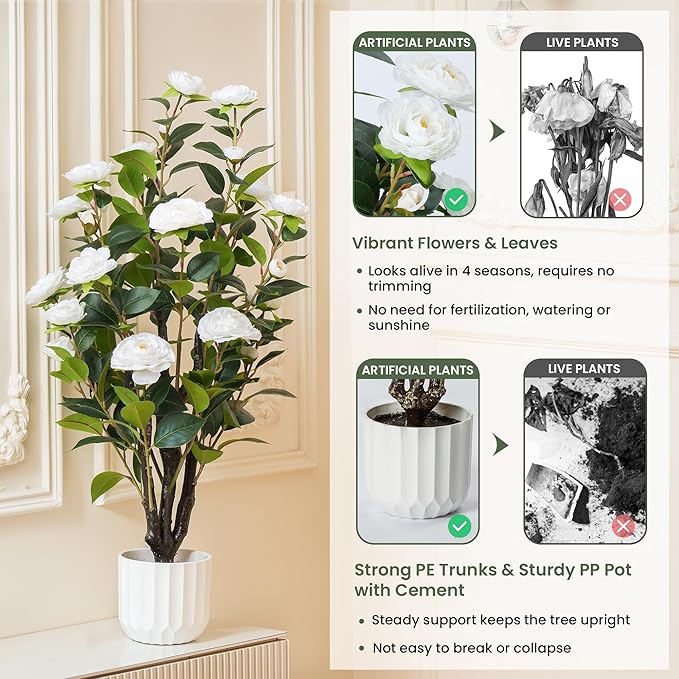 3.2FT Artificial Camellia Tree, White Silk Flowers, Indoor Faux Plants with Realistic Trunk in White Cement Pot for Home House Living Room Bedroom Office Decor, 1pc