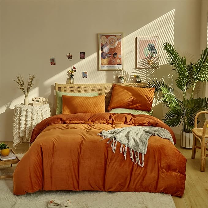 Pureant Burnt Orange Fluffy Comforter Set Twin Rust Velvet Bedding Comforter Sets for Women Girls Solid Terracotta Flannel Blankets Plain Rust Caramel Twin Size Comforter Modern Reddish Brown Bed