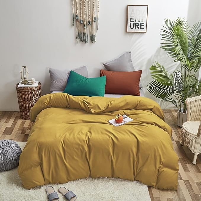 Luxlovery Mustard Yellow Comforter Set Queen Modern Bright Yellow Bedding Comforter Set Full Soft Cozy Breathable Quilts 1 Yellow Comforter+1 Green 1 Caramel Pillowcase for Adults Kids