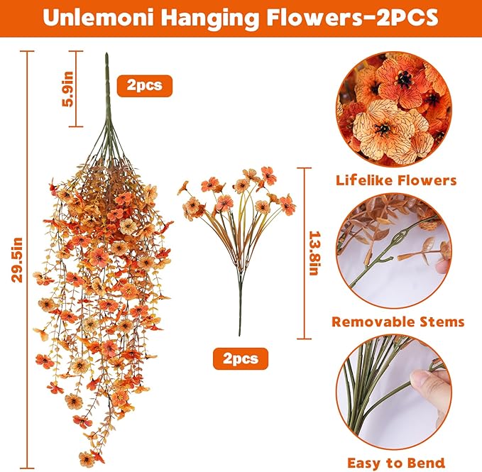 2PCS Fall Artificial Hanging Flowers Plants for Outdoors, 2Pcs Faux Silk Flowers with Eucalyptus Leaves, Fake Fall Flowers for Autumn Home Patio Porch Outside Decor (Orange Yellow)