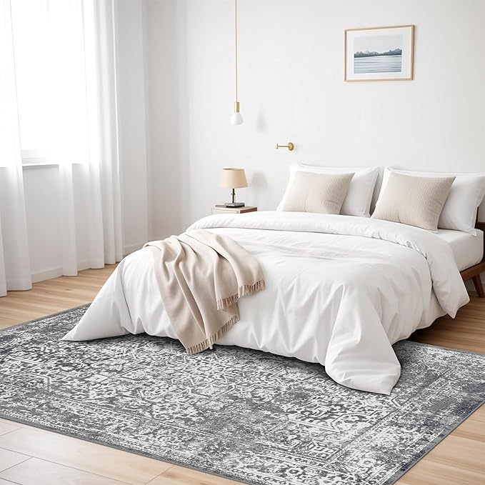 vivorug 5x7 Area Rugs, Stain Resistant Washable Rug for Living Room, Vintage-Inspired Grey Rug