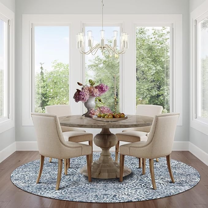 vivorug Round Rug 5ft Vintage-Inspired Round Area Rug Non-Slip Indoor Carpet for Living Room Bedroom Entryway, Stain Resistant Home Decor Circle Rug, Blue Medallion