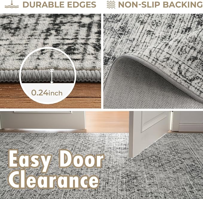 MIULEE 5x7 Vintage Living Room Rug Washable Area Rugs Low Pile Floor Mat for Bedroom Dining Room Non-Slip Stain Resistant Soft Indoor Carpet for Home Decor, Grey