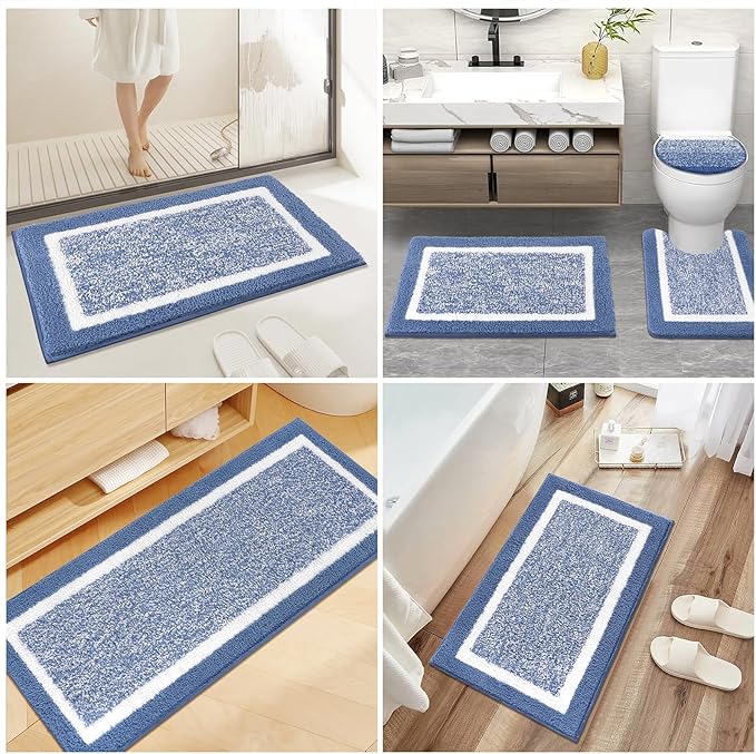 Pauwer Bathroom Rugs Set 5 Piece, Plush Absorbent Microfiber Bath Mats for Bathroom, Non Slip Washable Bath Rug Set with U Shaped Contour Toilet Rugs, Shower Rug and Toilet Lid Cover, Blue