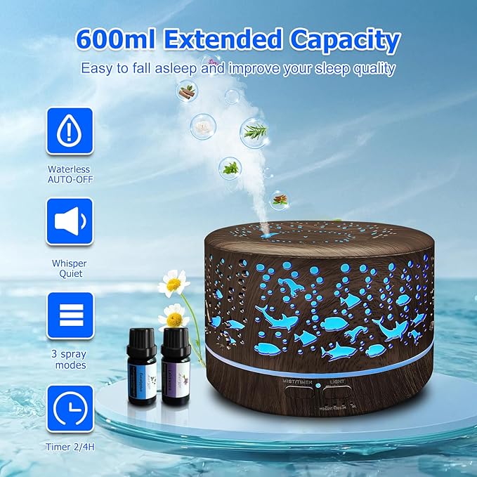 Diffusers for Essential Oils Large Room with R/C,600ml Essential Oil Diffusers for Home,Waterless Auto Off 7 Colors Changed 3 Mist Modes,Cool Mist Humidifiers for House Bedroom Decor,Gifts,Dark Wood