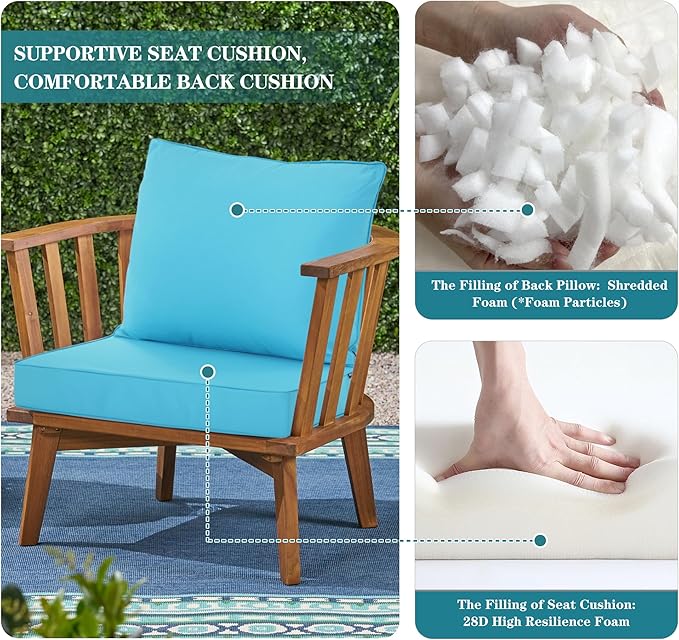 Patio Cushions for Outdoor Furniture, Fade and Weather Resistant Deep Seat and Backrest Cushion Set for Chair Sofa Couch Swing, 24x24 Inch, Teal, 1 Set