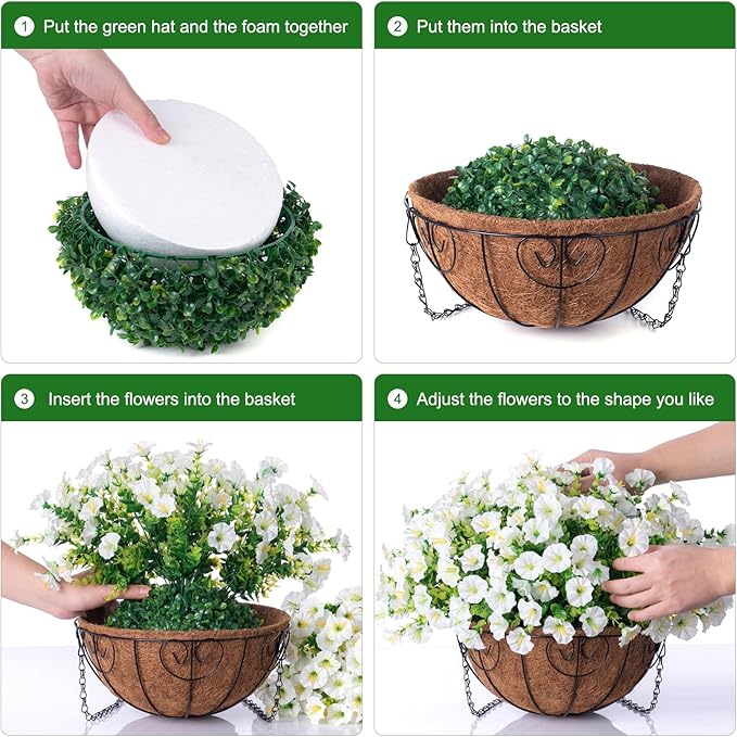 Artificial Fake Hanging Flowers Plants Baskets for Outdoor Decoration, Faux Silk Morning Glory in Planter UV Resistant Realistic for Home Outside Porch Patio Balcony Garden Yard, White
