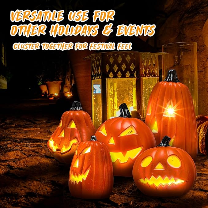 6 Pcs Halloween Pumpkin Lantern Set Light up Pumpkin Lamp LED Light Orange Halloween Decoration for Porch Front Door Outdoor Party Holiday Supplies (Orange)