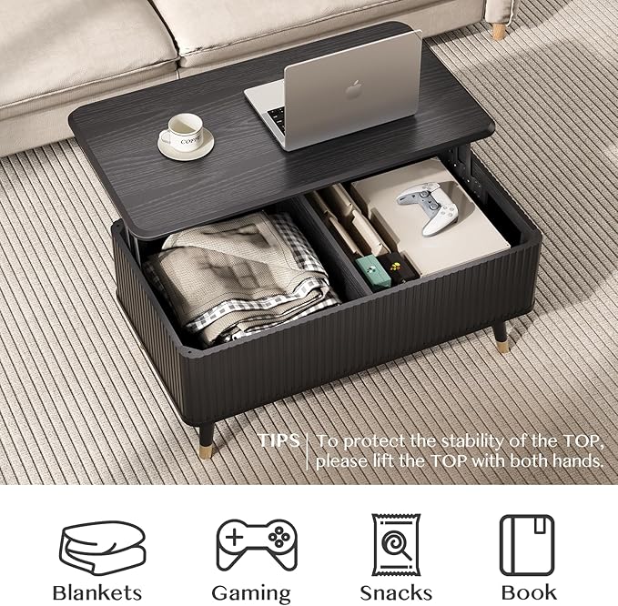 Lift Top Coffee Table, Mid Century Modern Coffee Table with Hidden Storage Compartment, 38" Fluted Center Table for Living Room, Home Office, Black
