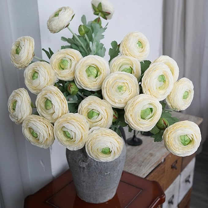 10PCS Artificial Ranunculus Flowers with Real Touch Stem Silk Ranunculus Blooming Flowers Faux Leave for Home Decor Bouquet Ivory Artificial Mums