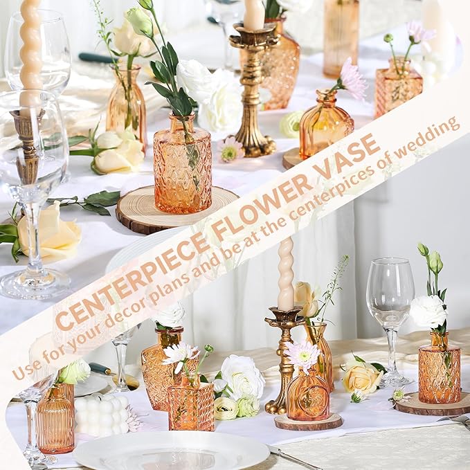 Mini Bud Vases Set of 12 As Wedding Centerpieces for Tables,Clear Bud Vases for Flowers,Small Flower Vases Suitable for Birthday Party,Anniversary,Wedding Reception,Baby Shower (Amber, 12PCS)