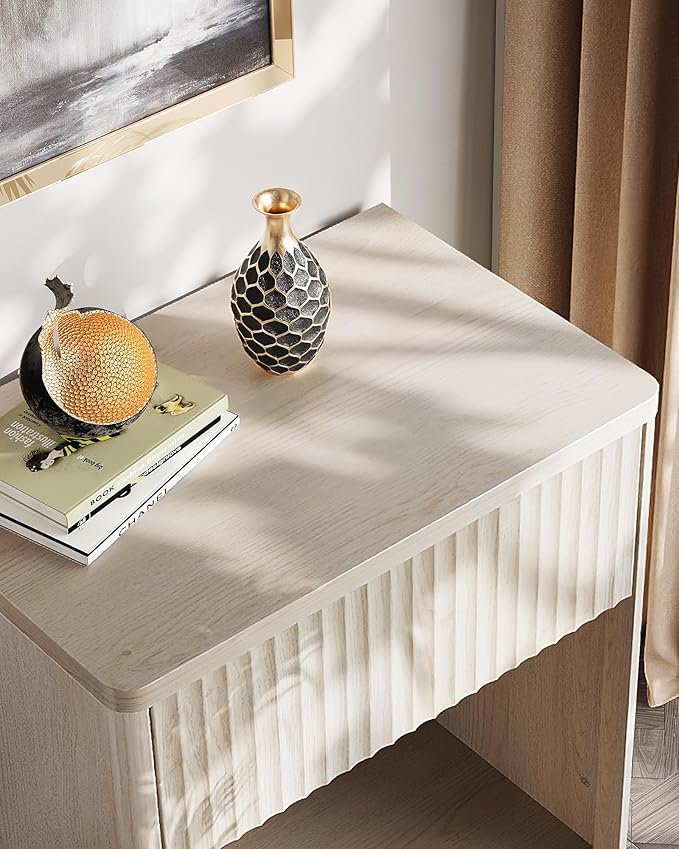 WLIVE Night Stand, Wood Nightstand with Storage Drawer and Open Shelf, Fluted Bedroom Nighstand, Mid Century Bed Side Table, End Tables Living Room, Dorm, Home Office, White Alder