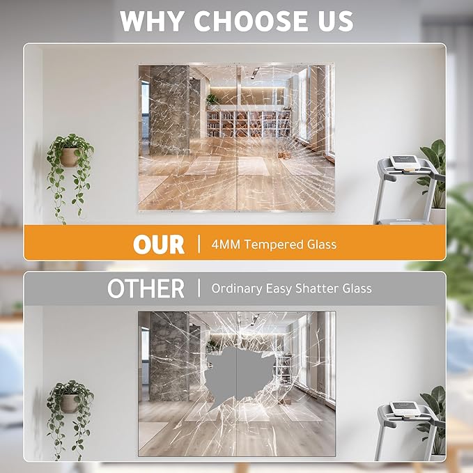ROOMTEC Workout Mirrors for Home Gym 48"x24"-2PCS, Large Wall Mirror Full Length for Fitness, Yoga, Big Wall Mounted Frameless Glass Mirror for Garage, Dance Studio, Bedroom