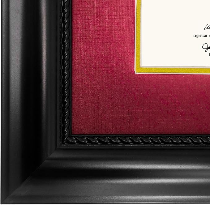 11x14 Diploma Degree Frame with Red Mat or Display 15x18 Certificates without Mat,Solid Wood,Black Finish with Intricate Black Rope Detail,UV Protection Acrylic